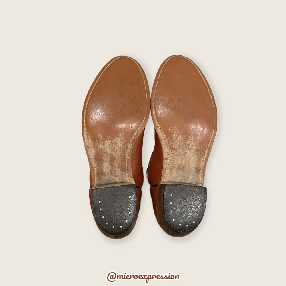 VINTAGE 1990s Frye Brown Tan Leather Pull On Low Heel Western Boho Cowboy Boot - Picture 15 of 16